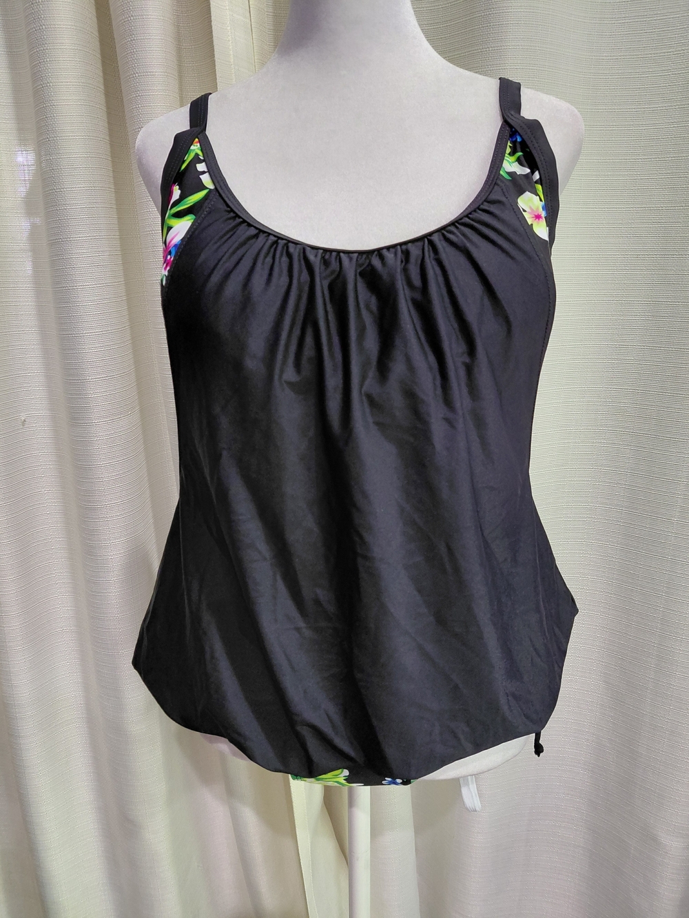 New Women's Black Floral-Trim Tankini